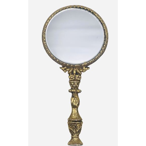 Antique Gilt Scrolled Roses Flapper Small Handheld Mirror Old Hollywood Art Deco - Picture 2 of 12